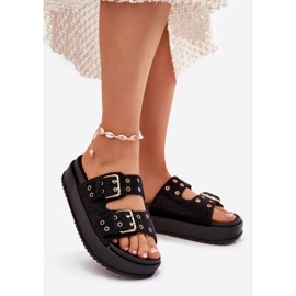 Flip -flops pentru femei cu catarame de aur pe platforma neagră negru 1