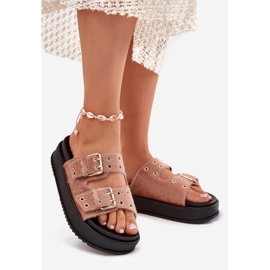 Flip -flops pentru femei cu catarame de aur pe platformă bej roz 1