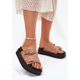 Flip -flops pentru femei cu catarame de aur pe platformă bej roz 2