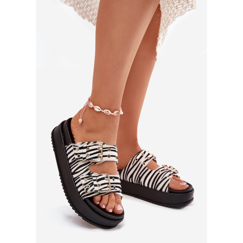 Flip -flops pentru femei cu catarame de aur pe platforma zebra alb 1