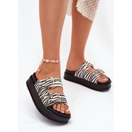 Flip -flops pentru femei cu catarame de aur pe platforma zebra alb 2