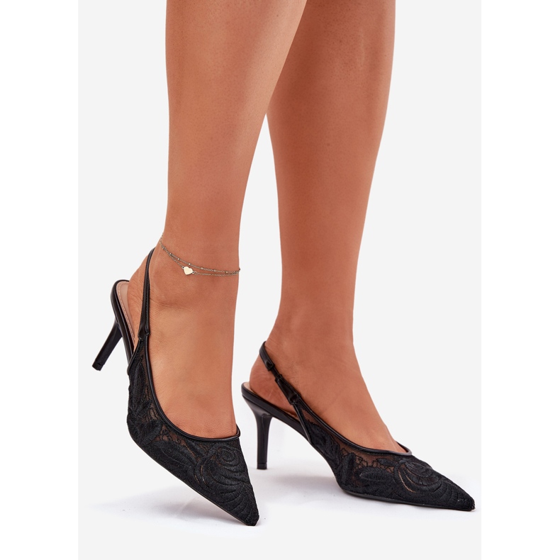 Sandale cu călcâie din dantelă cu un călcâie deschisă negru 2