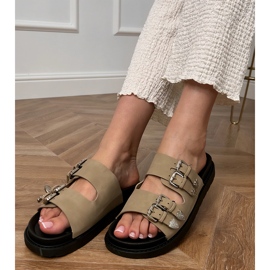 Papuci pentru femei verzi cu catarame decorative bej 1