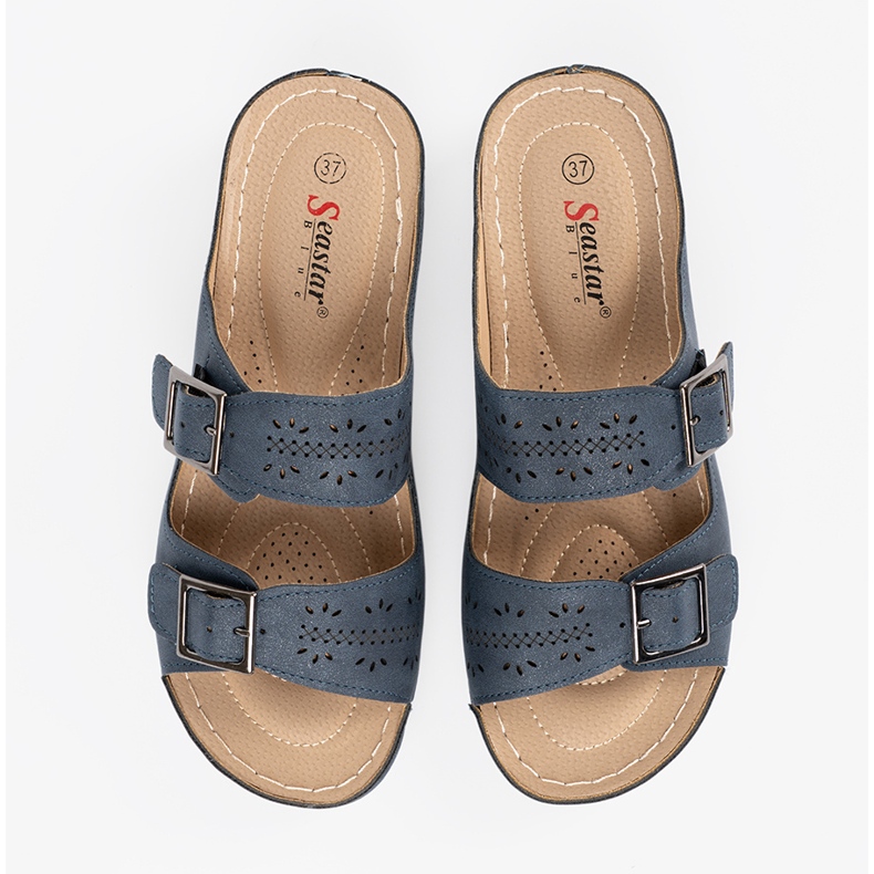 Seastar Papuci pe o pană joasă cu catarame albastre albastru 1