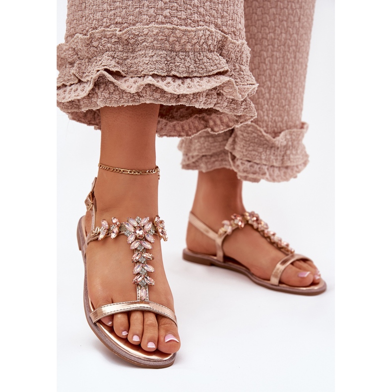 Sandale plate pentru femei cu cristale auriu roz de aur 2 Sandale plate pentru femei cu cristale auriu roz de aur 2