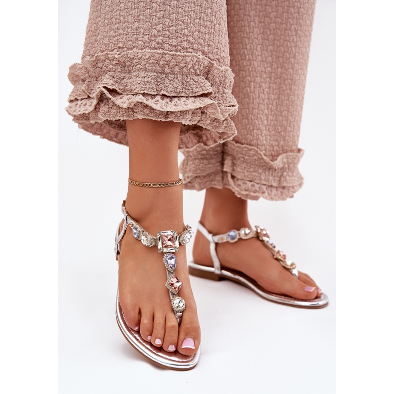 Sandale pentru femei cu lac plat cu cristale de argint 2