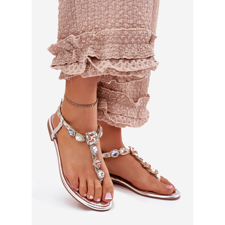 Sandale pentru femei cu lac plat cu cristale de argint 1