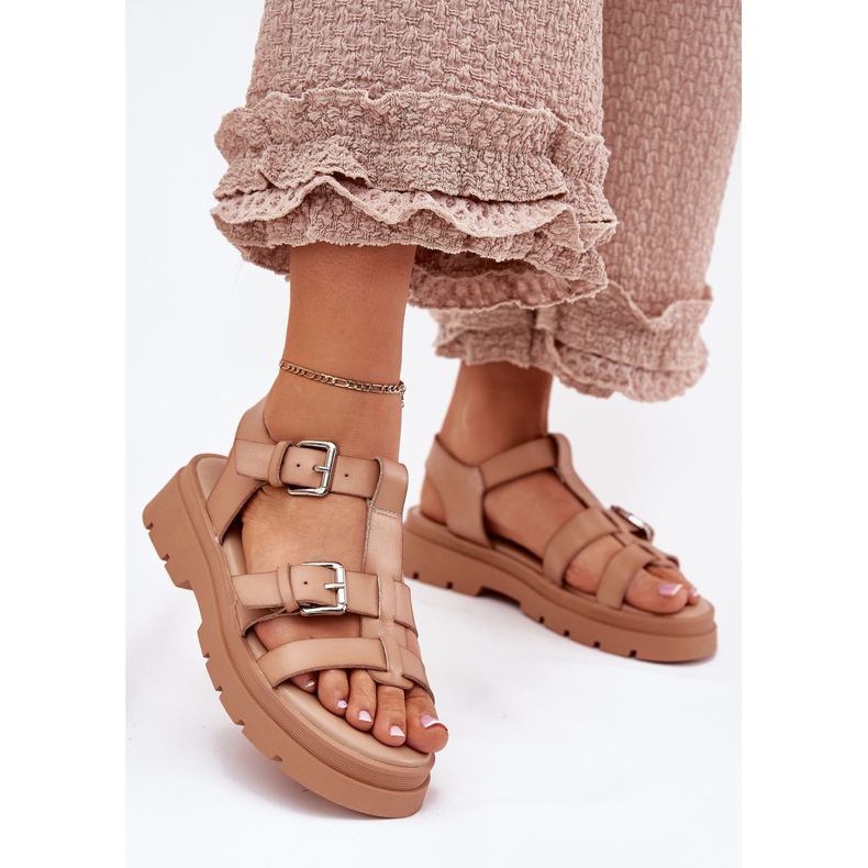 Sandale din piele Eco pentru femei cu catarame kaki bej 2 Sandale din piele Eco pentru femei cu catarame kaki bej 2