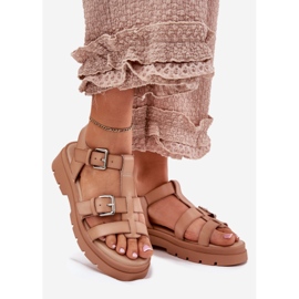 Sandale din piele Eco pentru femei cu catarame kaki bej 1
