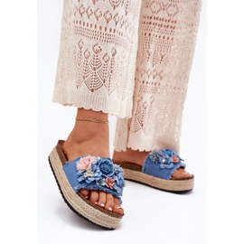 Flip -flops pentru femei pe platformă cu împletitură și flori albastre albastru 2