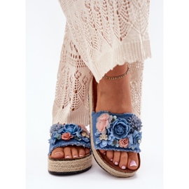 Flip -flops pentru femei pe platformă cu împletitură și flori albastre albastru 3