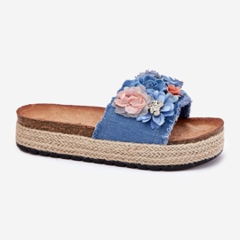 Flip -flops pentru femei pe platformă cu împletitură și flori albastre albastru 4