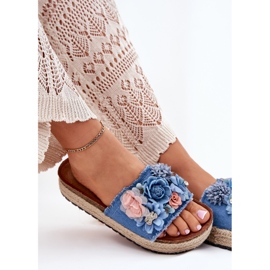 Flip -flops pentru femei pe platformă cu împletitură și flori albastre albastru 6