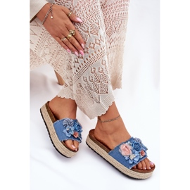 Flip -flops pentru femei pe platformă cu împletitură și flori albastre albastru 7