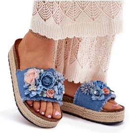 Flip -flops pentru femei pe platformă cu împletitură și flori albastre albastru 10