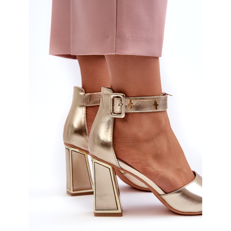 Evento Sandale de damă elegante cu toc înalt, aurii de aur 2