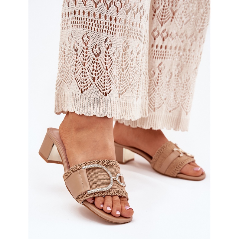 Călcâie pentru femei cu un detaliu decorativ întunecat bej 2