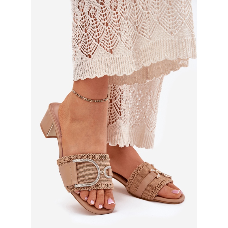 Călcâie pentru femei cu un detaliu decorativ întunecat bej 1