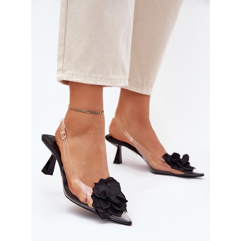 Sandale transparente pe un toc înalt cu o floare decorativă neagră negru 2