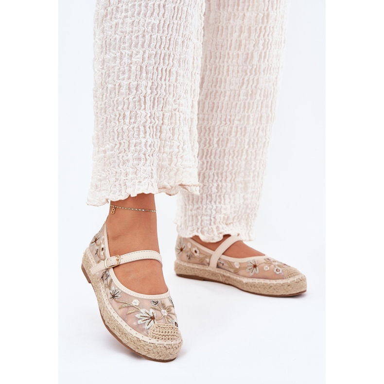 Mesh espadrilles cu broderie pe platforma bej 2