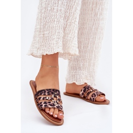 Flip -flops pentru femei plate cu leopard cu detaliu de aur maro 2