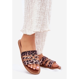 Flip -flops pentru femei plate cu leopard cu detaliu de aur maro 1