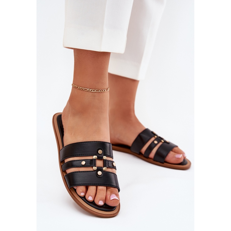 Flip -flops pentru femei cu detalii aurii negre negru 2