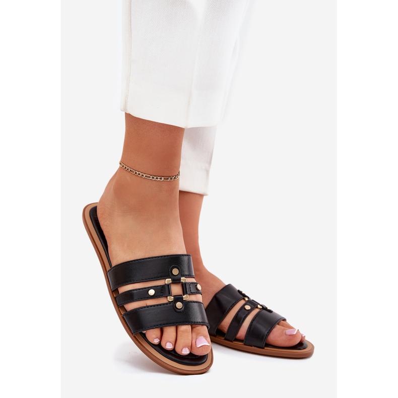 Flip -flops pentru femei cu detalii aurii negre negru 1