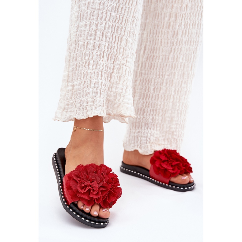 Flip -flops pentru femei cu flori materiale roșii roșu 2
