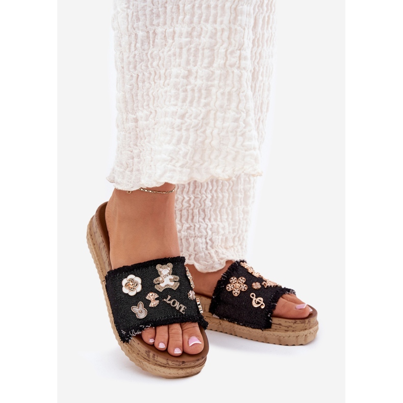 Flip -flops pentru femei cu ace de aur pe platformă neagră negru 1