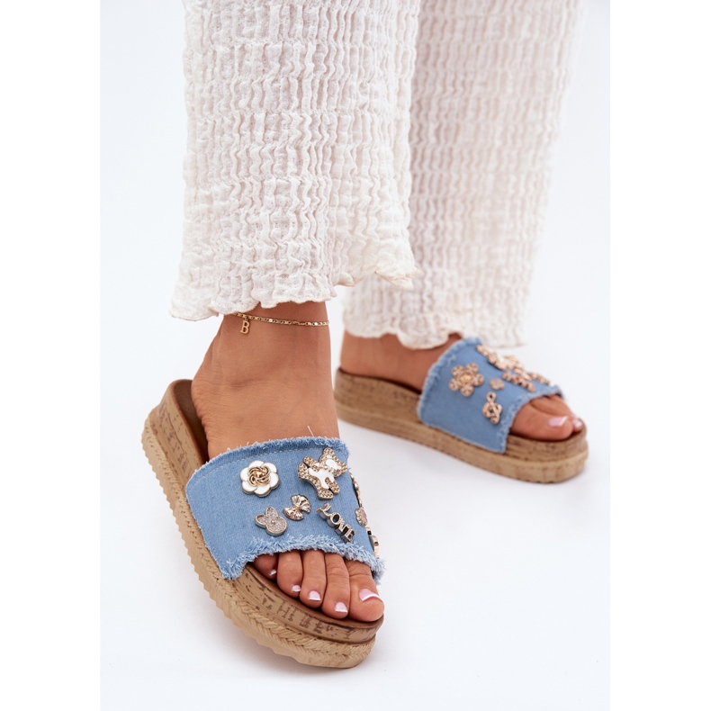 Papuci pentru femei cu ace de aur pe platforma albastră albastru 2