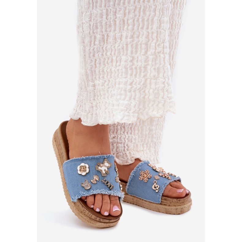 Papuci pentru femei cu ace de aur pe platforma albastră albastru 1