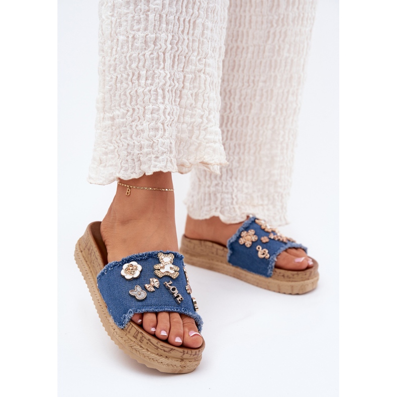 Flip -flops pentru femei cu ace de aur pe platforma Navy Blue albastru 2