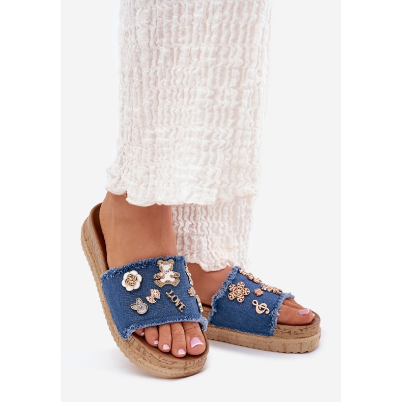 Flip -flops pentru femei cu ace de aur pe platforma Navy Blue albastru 1