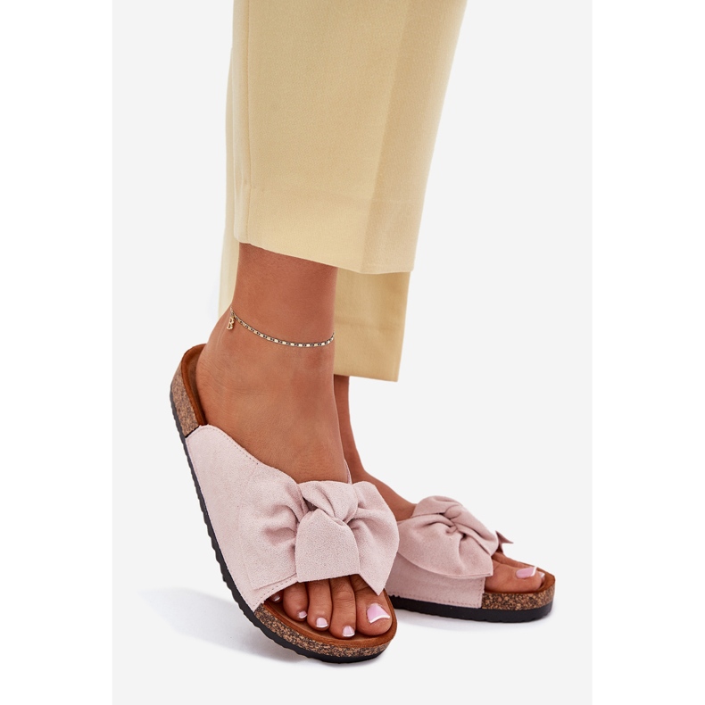 Flip -flops pentru femei pe talpa de plută cu un arc roz deschis 1