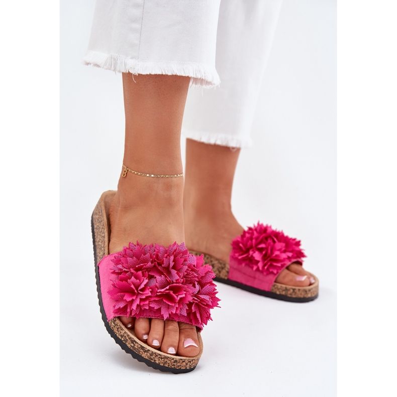 Flip -flops pentru femei pe o talpă de plută cu flori fuchsia roz 2 Flip -flops pentru femei pe o talpă de plută cu flori fuchsia roz 2