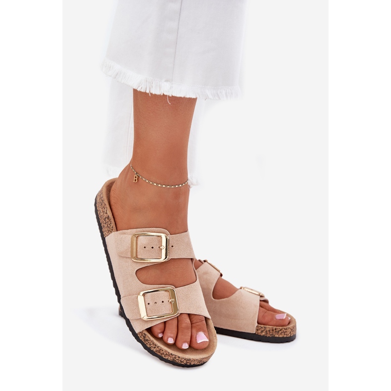 EVento Flip -flops pentru femei cu catarame bej de aur din piele de căprioară Eco 1 EVento Flip -flops pentru femei cu catarame bej de aur din piele de căprioară Eco 1