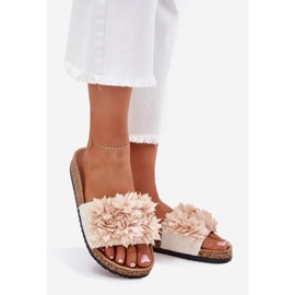 Flip -flops pentru femei pe o talpă din plută cu flori decorative bej 1 Flip -flops pentru femei pe o talpă din plută cu flori decorative bej 1