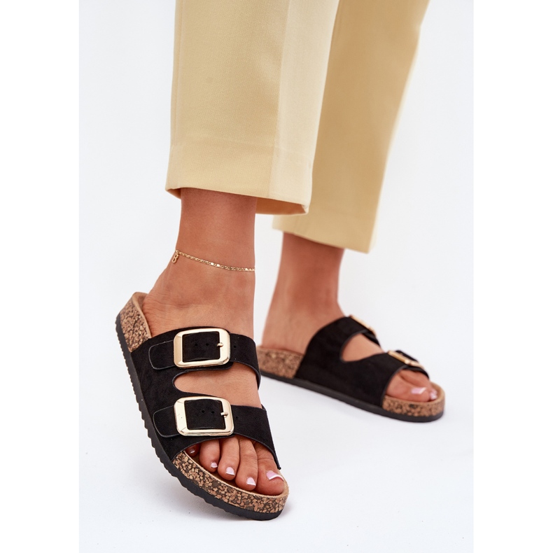 Flip -flops pentru femei cu catarame de aur din piele de piele de piele de căpară negru 2