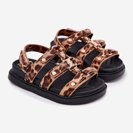 Sandale pentru fete cu leopard cu detaliu de aur maro 1