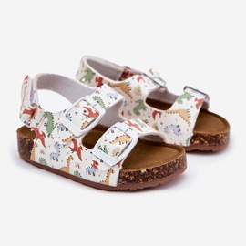 Sandale pentru copii pe o talpă din plută cu catarame dinozauri multicolor alb 1
