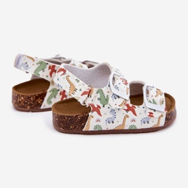 Sandale pentru copii pe o talpă din plută cu catarame dinozauri multicolor alb 2