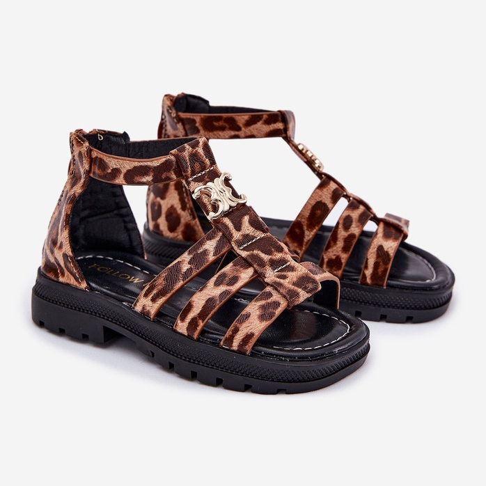 Sandale de gladiator pentru fete cu un leopard de detaliu de aur maro 1 Sandale de gladiator pentru fete cu un leopard de detaliu de aur maro 1