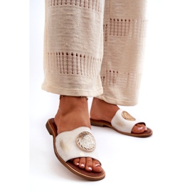 Flip-flops din piele Zazoo 2938, cu toc plat, cu decor auriu, periat alb 1