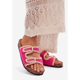 Flip -flops pentru femei croșete cu catarame de aur Fuchsia roz 1