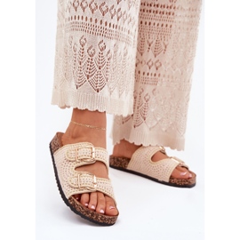 Flip -flops pentru femei croșete cu catarame de aur bej 2