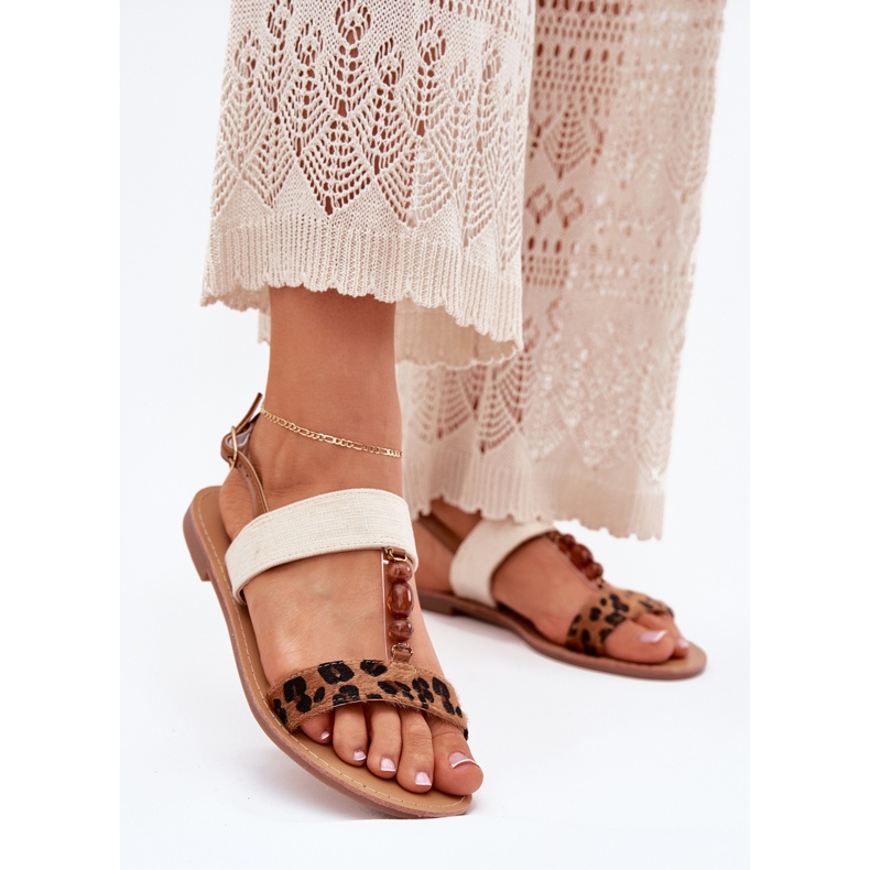 Sandale plate pentru femei cu margele maro leopar imprimeu 2