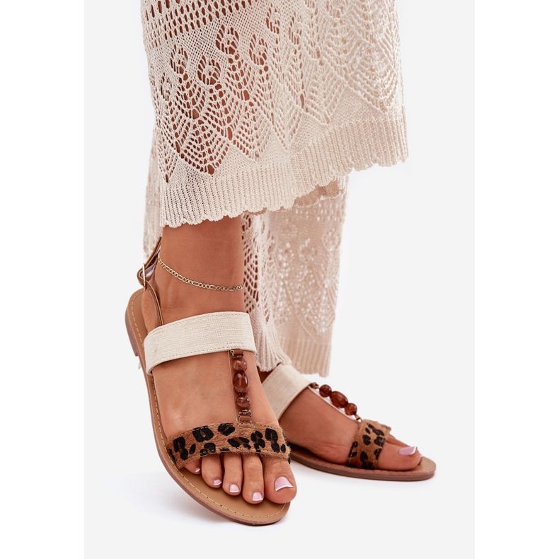 Sandale plate pentru femei cu margele maro leopar imprimeu 1