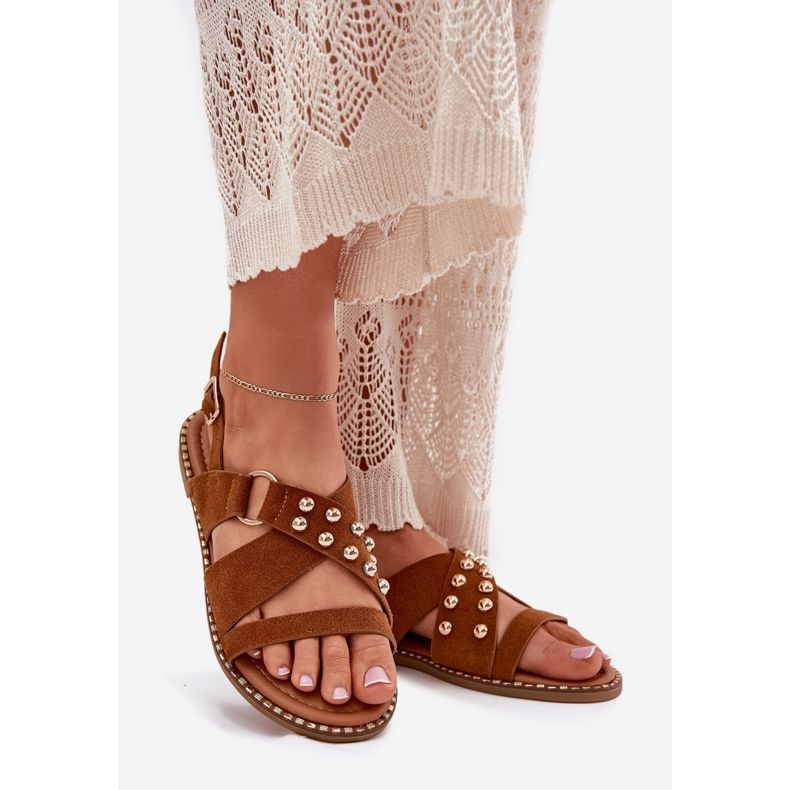 Sandale pentru femei cu lac plat cu știfturi aurii de cămilă maro 1