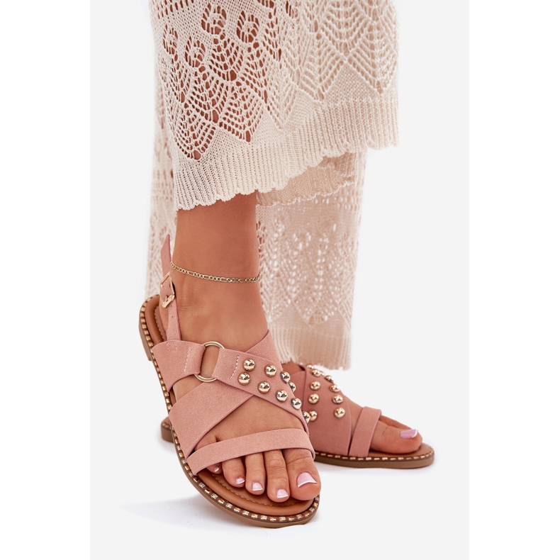 Sandale pentru femei cu lac plat cu știfturi aurii roz 1